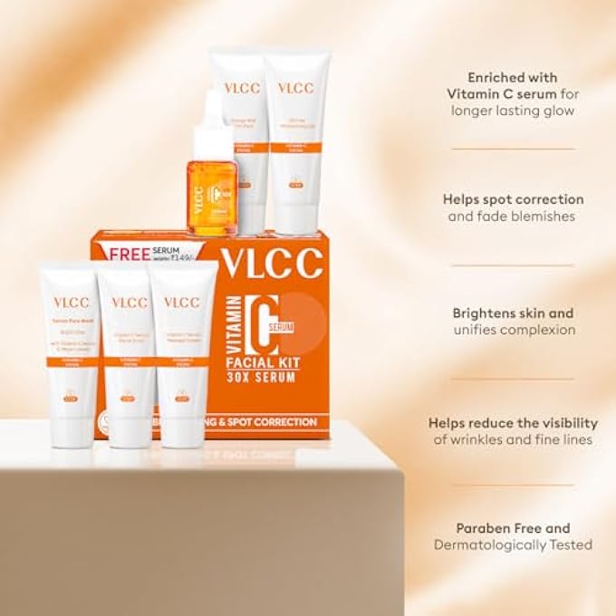 VLCC VITAMIN C SERUM FACIAL KIT - 58G | SKIN BRIGHTENING FACIAL KIT | SKIN BRIGHTENING FACIAL AT HOME | FADES SPOTS AND DULLNESS | VITAMIN C, HYALURONIC ACID & FERULIC ACID - Image 4